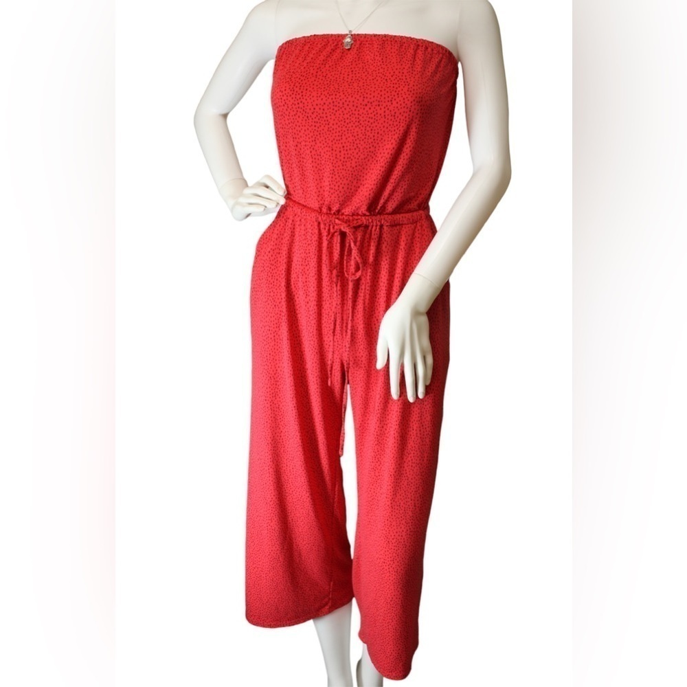 Express Red With Black Polka Dot Strapless Cropped Wide Leg Women Jumpsuit Sz XS - Picture 5 of 13